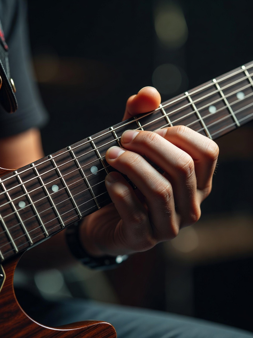 A guitarist's fretting fingers preparing a close-position chord change