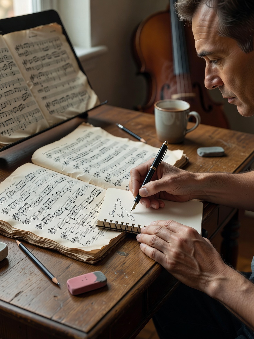 A musician writing a short practice observation beside an open score