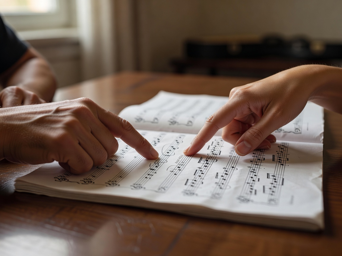 Two musicians' hands pointing to a pencilled phrase on a shared score