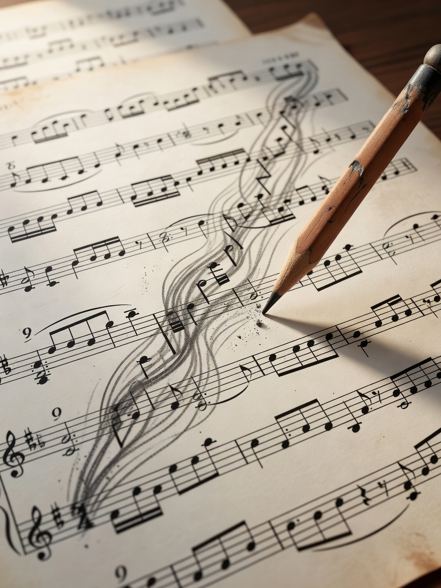 A pencil tracing the rising shape of a melody on annotated manuscript